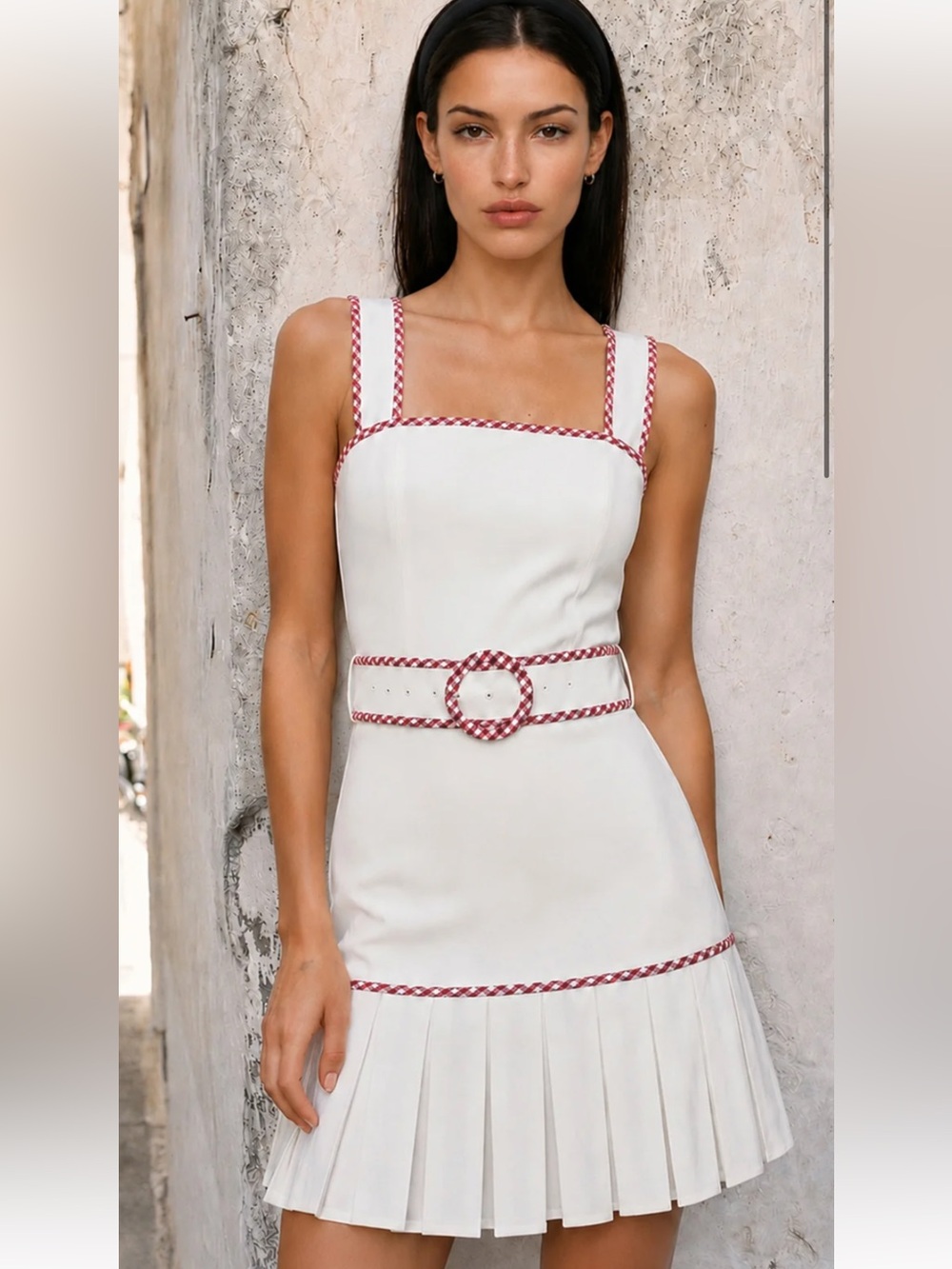 Commense Gingham Trim Belted Pleated Mini Dress